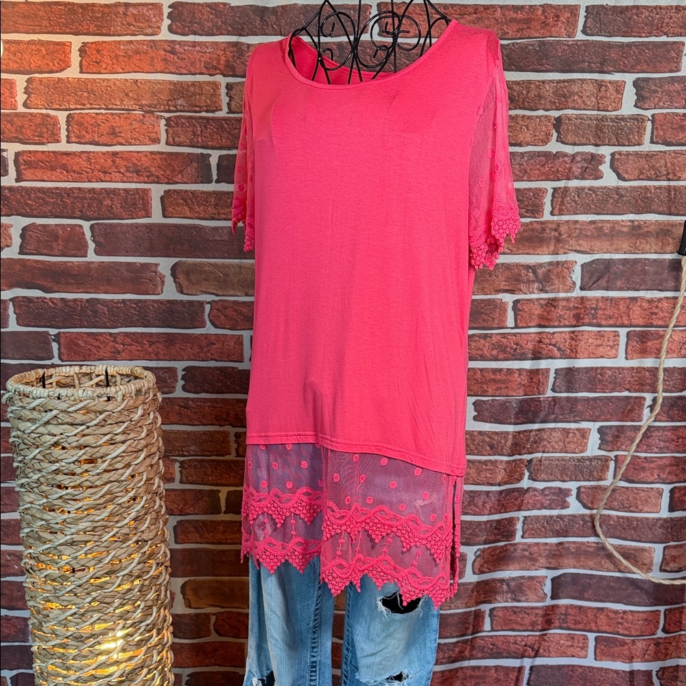 👚 Kaktus Salmon Pink Lace Trim Tunic Top Boho Mini Dress M / I